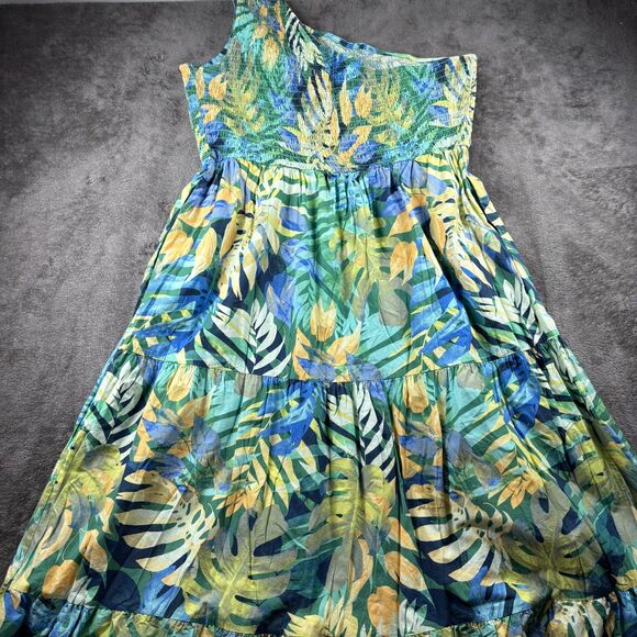 Tropical Maxi Dress One Shoulder Pockets Tiered Smocked Green Blue XXXL 22 C163 - Picture 5 of 10